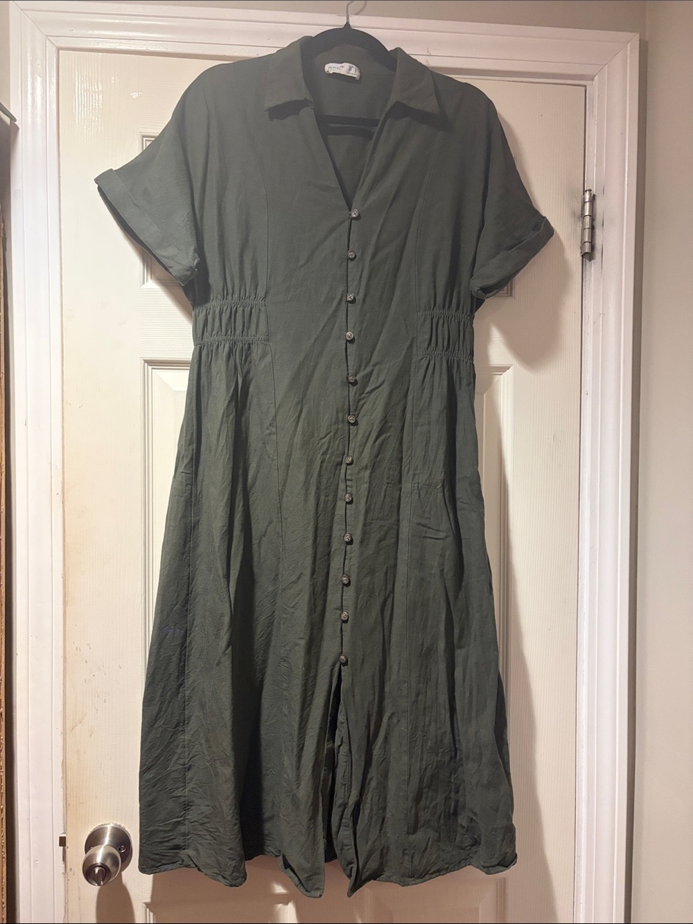 Primark Button-Front Linen blend Midi Dress in Olive Green 10 *Call Out